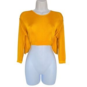 Vtg Vidrio Mustard Fringe Open Back Cropped Knit Top S Festival Boho Statement